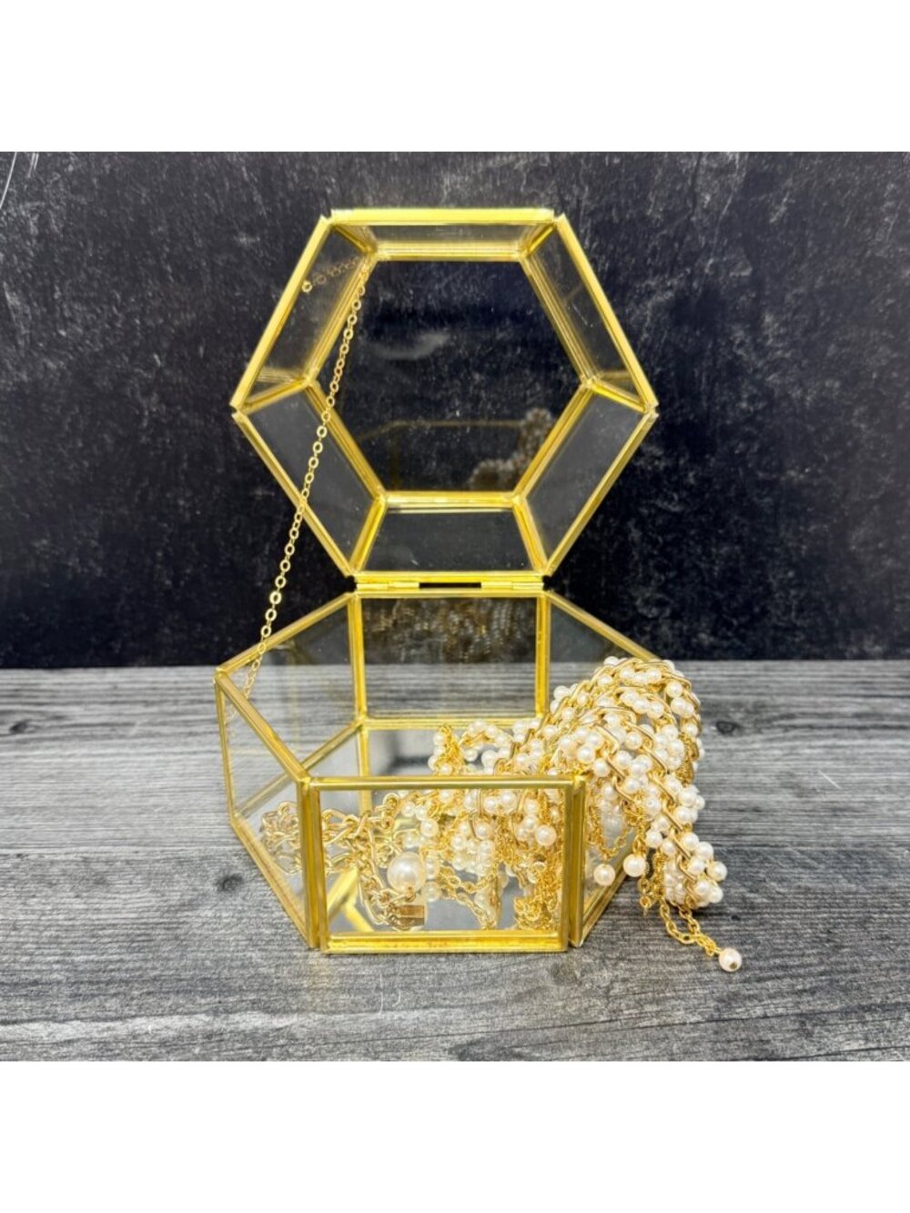 Brass & Glass Hexagon Hinged Box Casket Jewelry Display Box Vintage Style